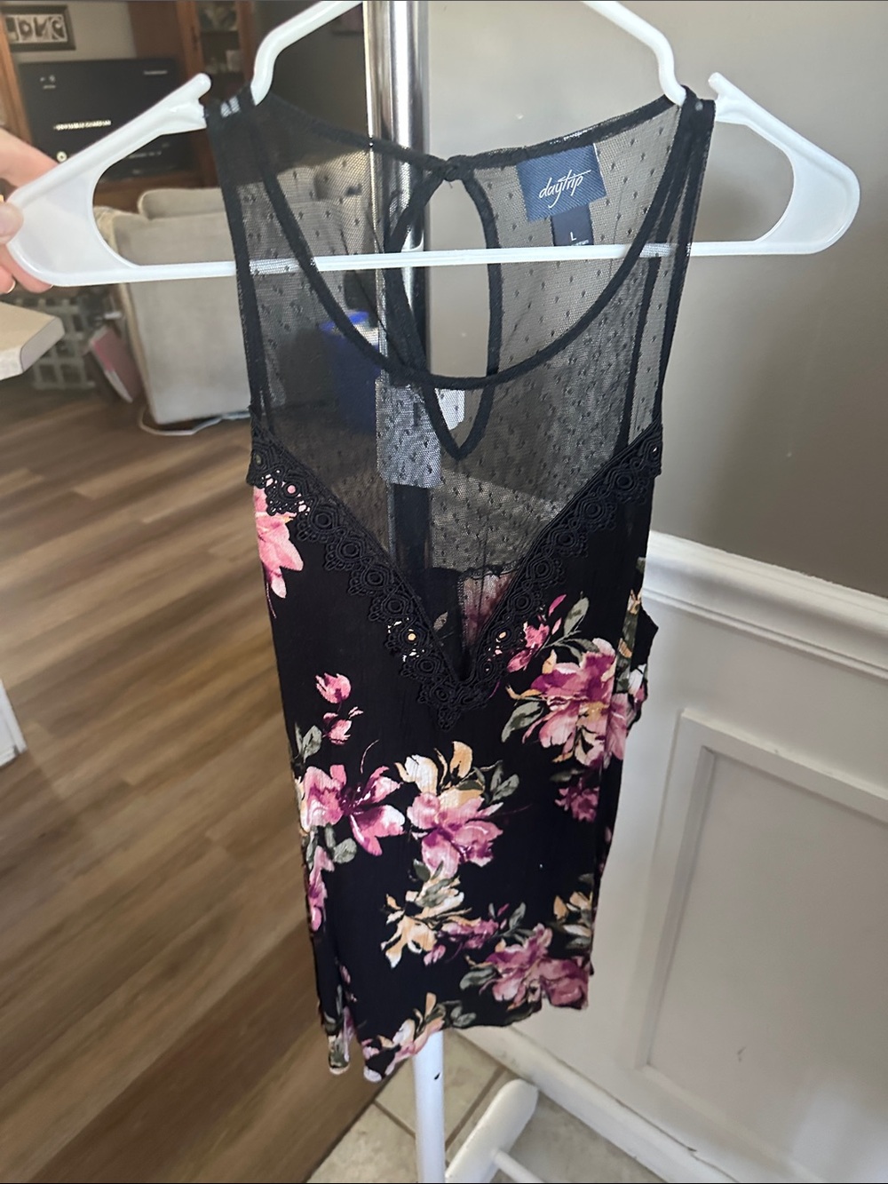 Daytrip Black Floral Mesh Chemise with Pink Blooms